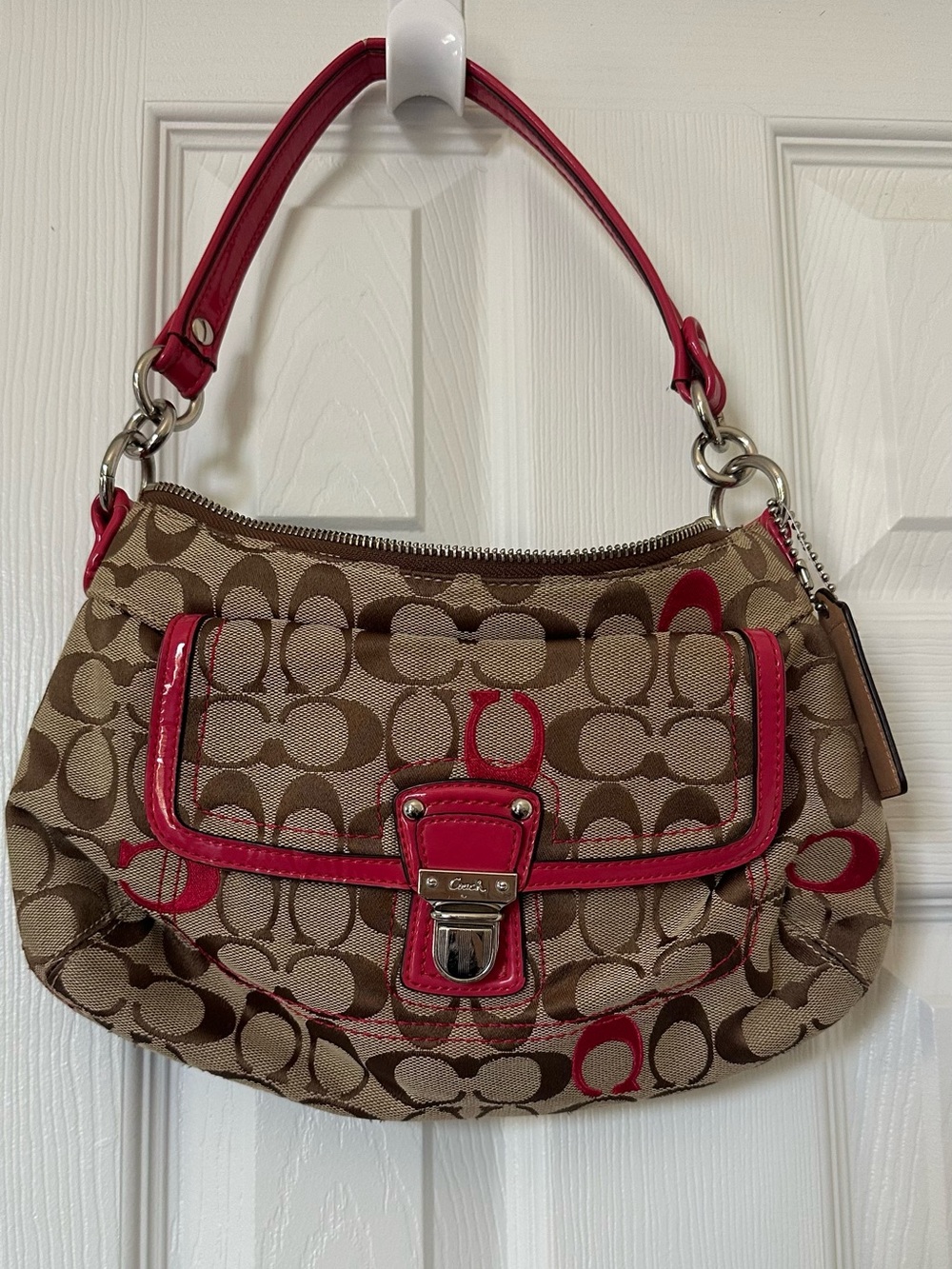 Vintage Coach Brown Signature Canvas Shoulder Bag with Pink Trim